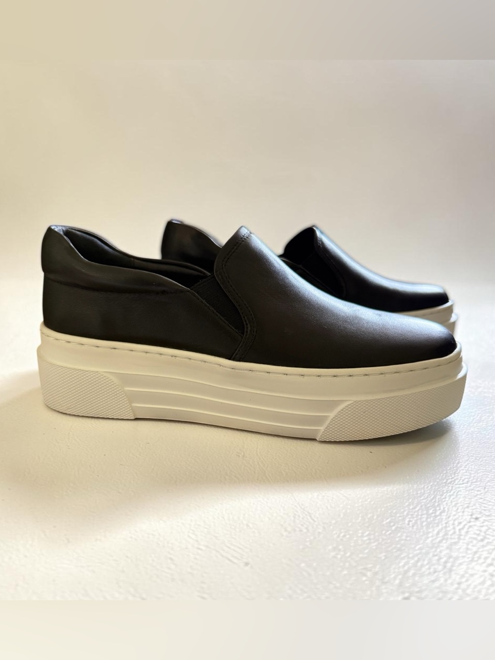 J Slides Black Leather Slip-On Platform Sneakers with White Sole